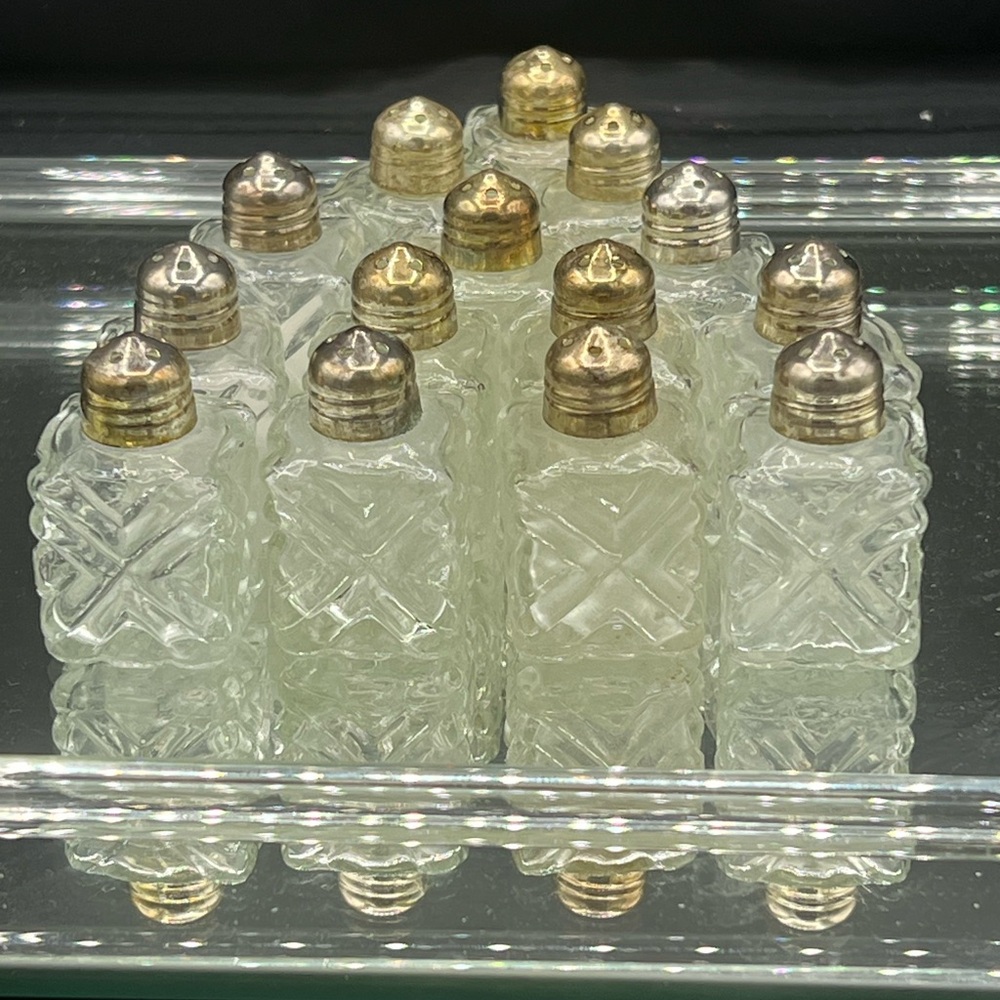 Vintage Leonard Crystal Glass Salt and Pepper Shakers with Silver Tops set of 14